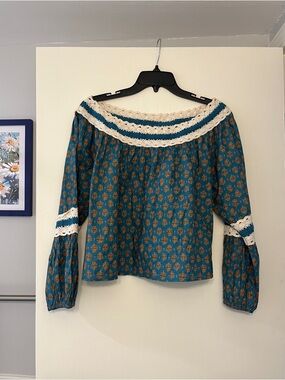 Luna Moon by Anthropologie Crochet Teal and Orange Boho Top Sz Large